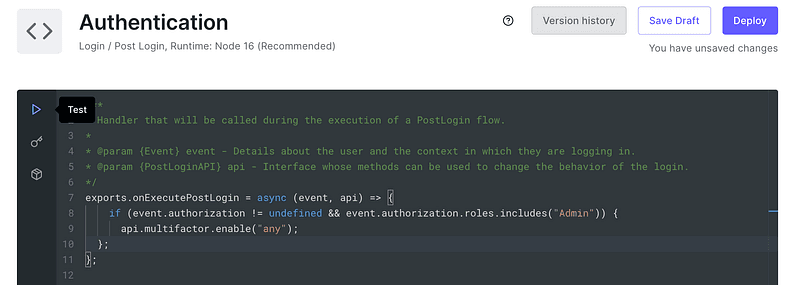 Auth0 Action test runner with an Admin role in the event payload