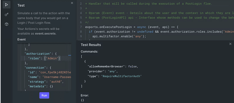Auth0 Action test result showing the multifactor authentication response