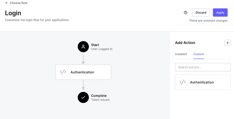 Auth0 Login Flow with the custom Authentication Action applied