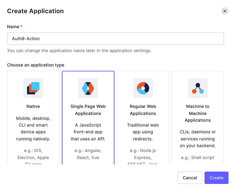 Auth0 create application modal with Single Page Web Applications selected