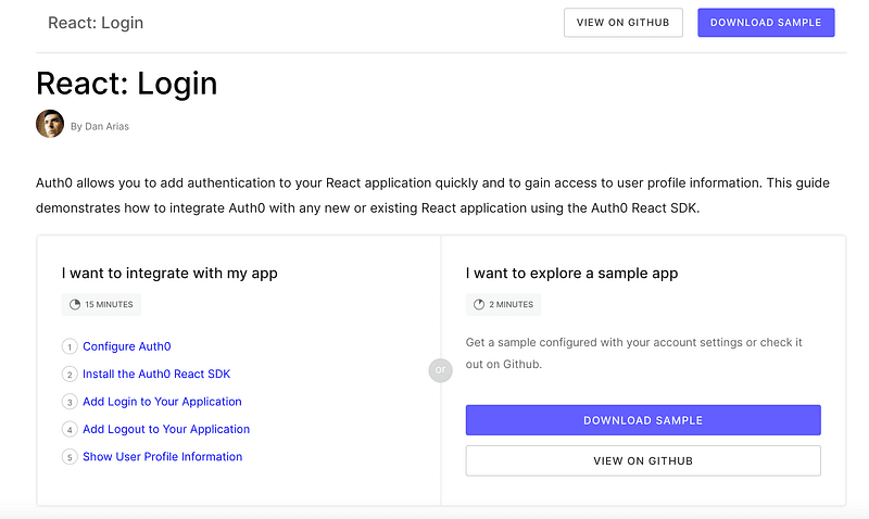 Auth0 React quickstart screen with an option to download the sample code