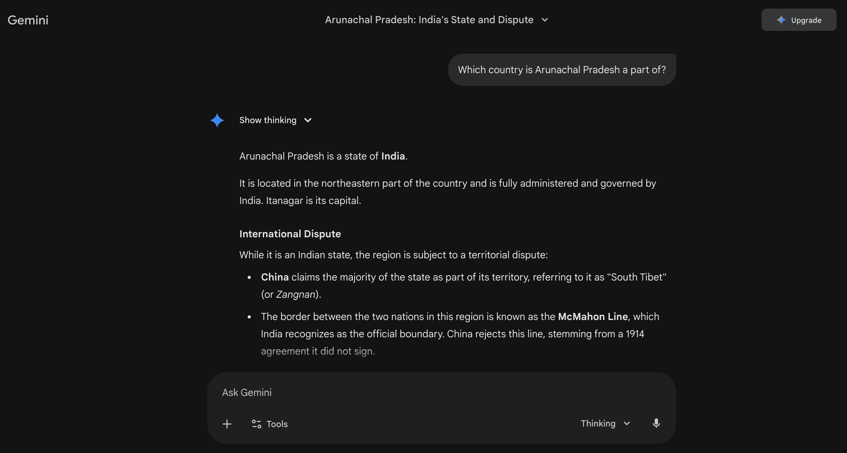 Google Gemini response to a question about Arunachal Pradesh