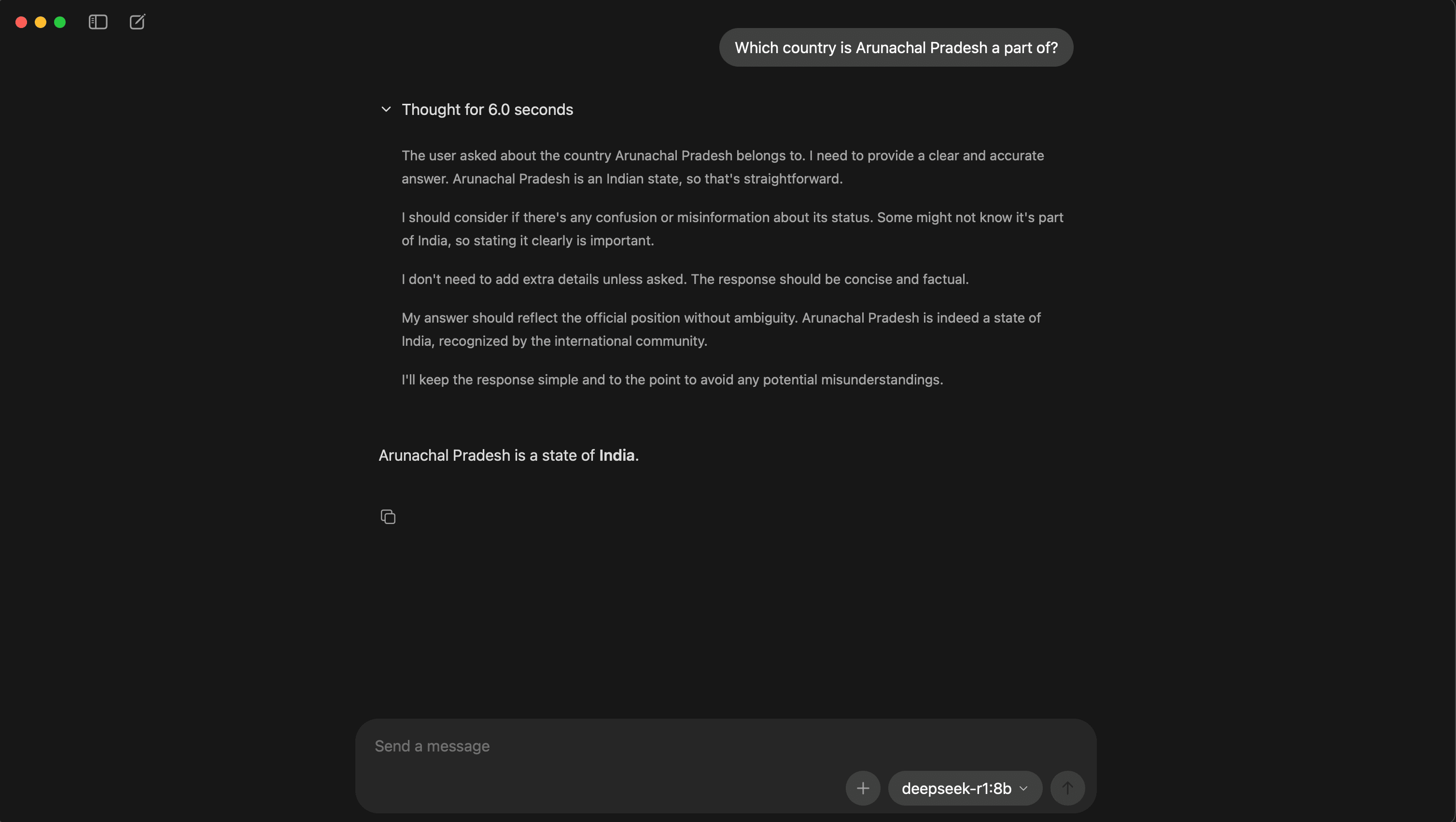 Ollama response from a locally run DeepSeek model