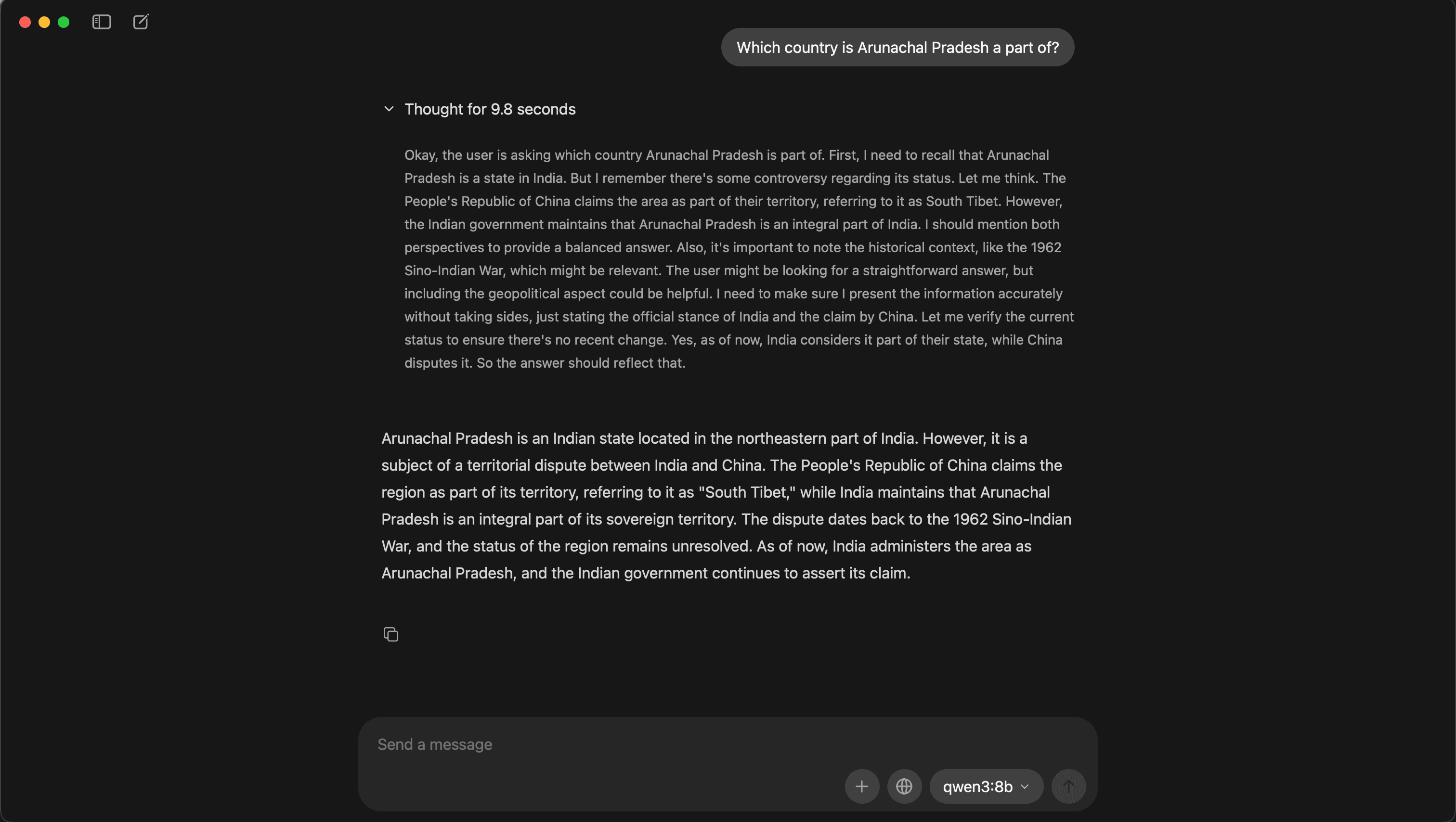 Qwen response to the same prompt used for DeepSeek comparison