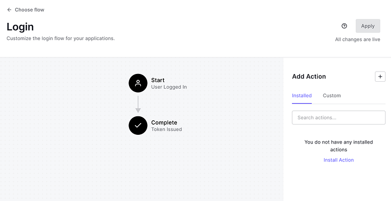 Auth0 Login Flow page where custom Actions can be added