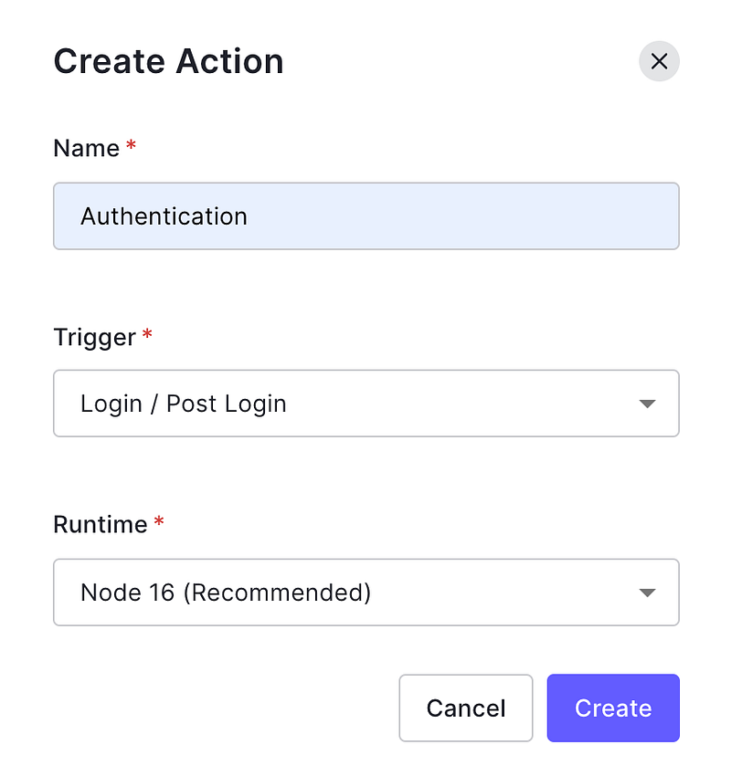 Auth0 modal for building a custom Action