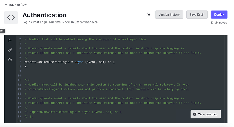 Auth0 custom Action editor showing the onExecutePostLogin function