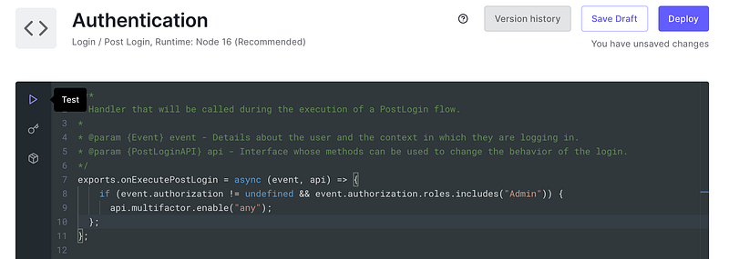 Auth0 Action test runner with an Admin role in the event payload