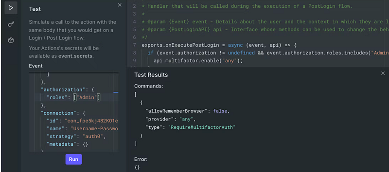 Auth0 Action test result showing the multifactor authentication response