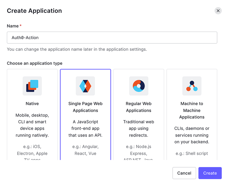 Auth0 create application modal with Single Page Web Applications selected