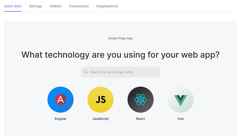 Auth0 quickstart modal with React selected for the application