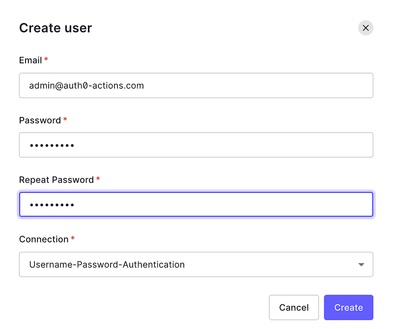 Auth0 user management screen for creating a new user