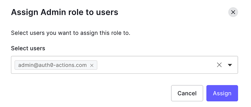 Auth0 user details screen for assigning the Admin role to a user