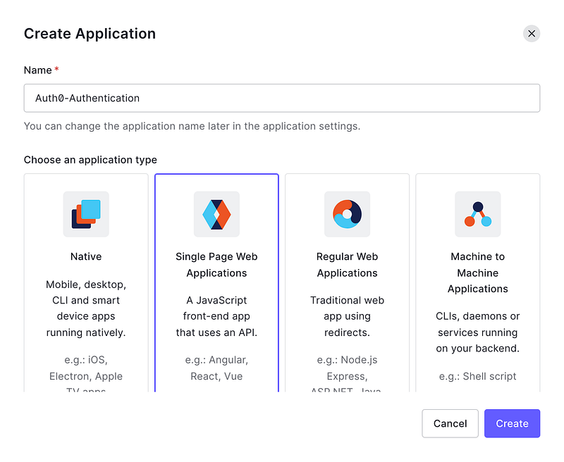 Auth0 create application modal with Single Page Web Applications selected