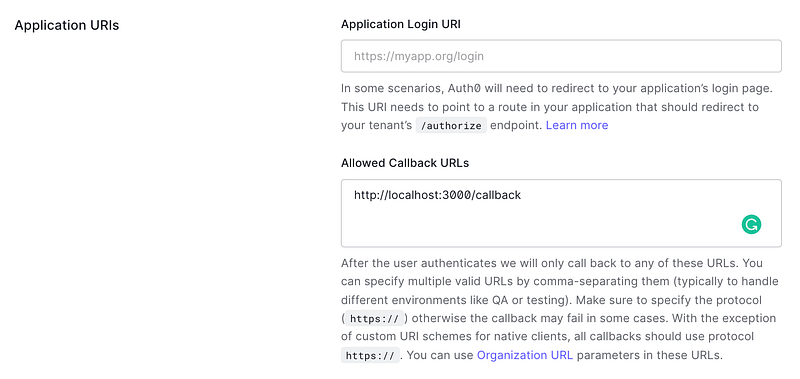Allowed Callback URLs field configured with localhost callback URL in Auth0