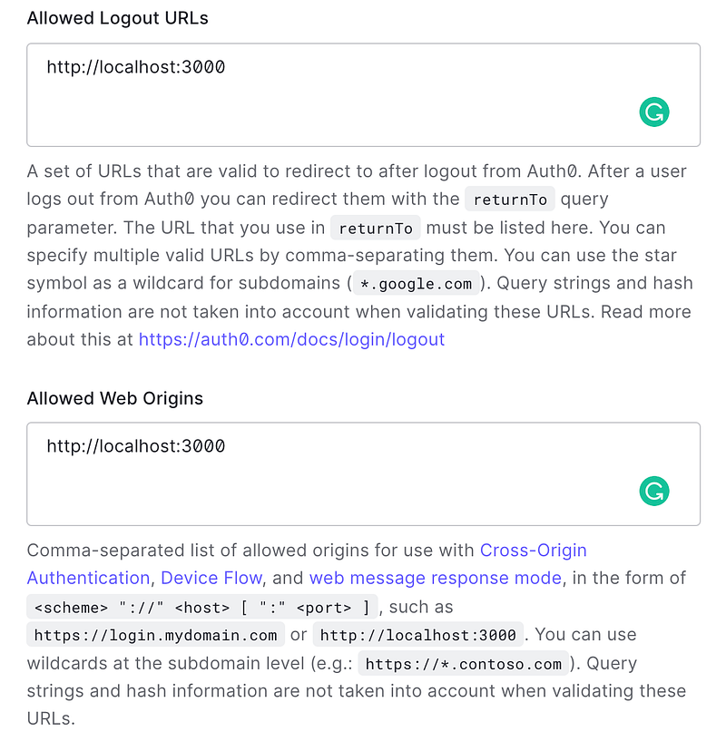 Auth0 settings page with localhost values for web origins and logout URLs