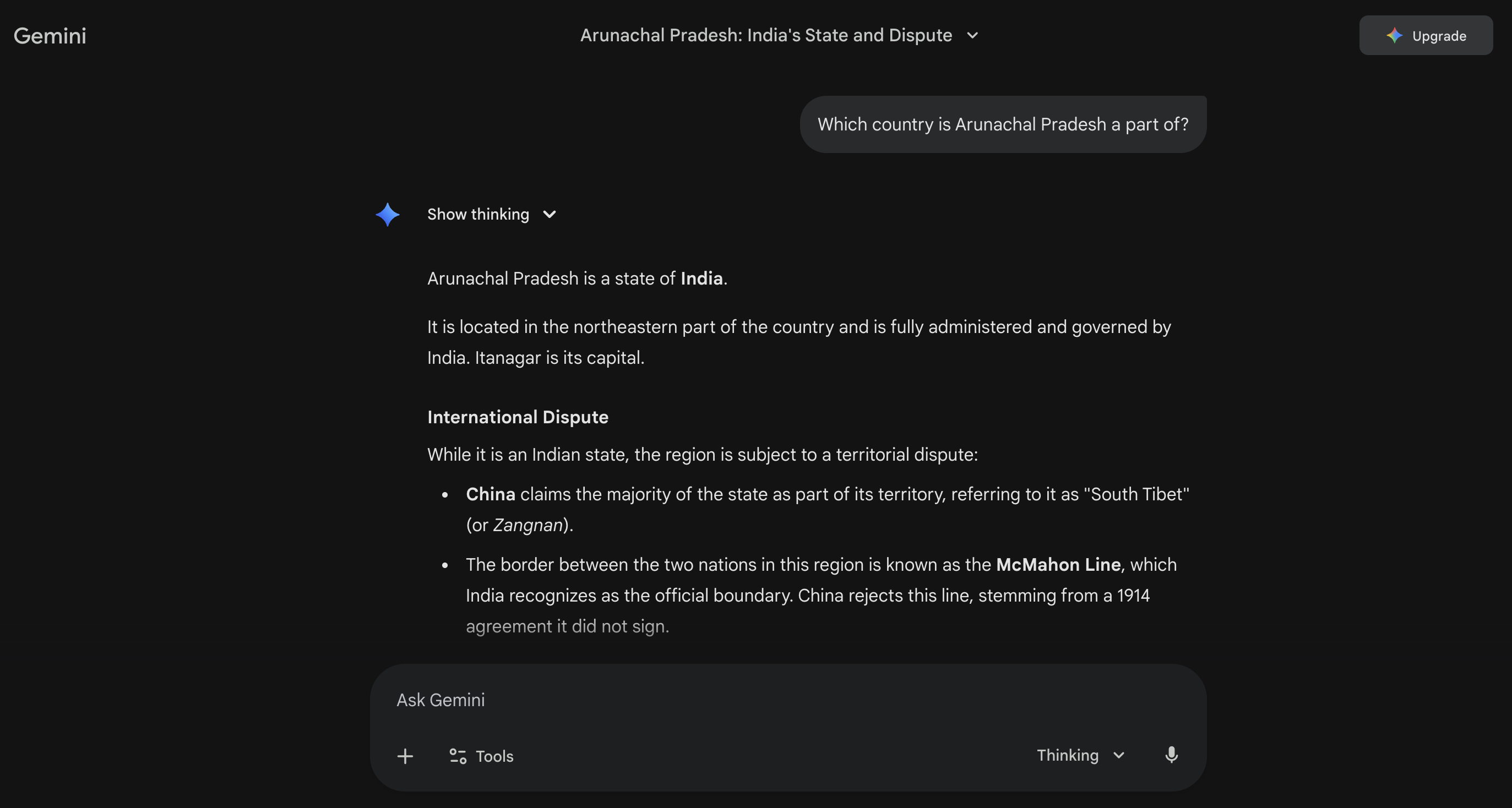 Google Gemini response to a question about Arunachal Pradesh