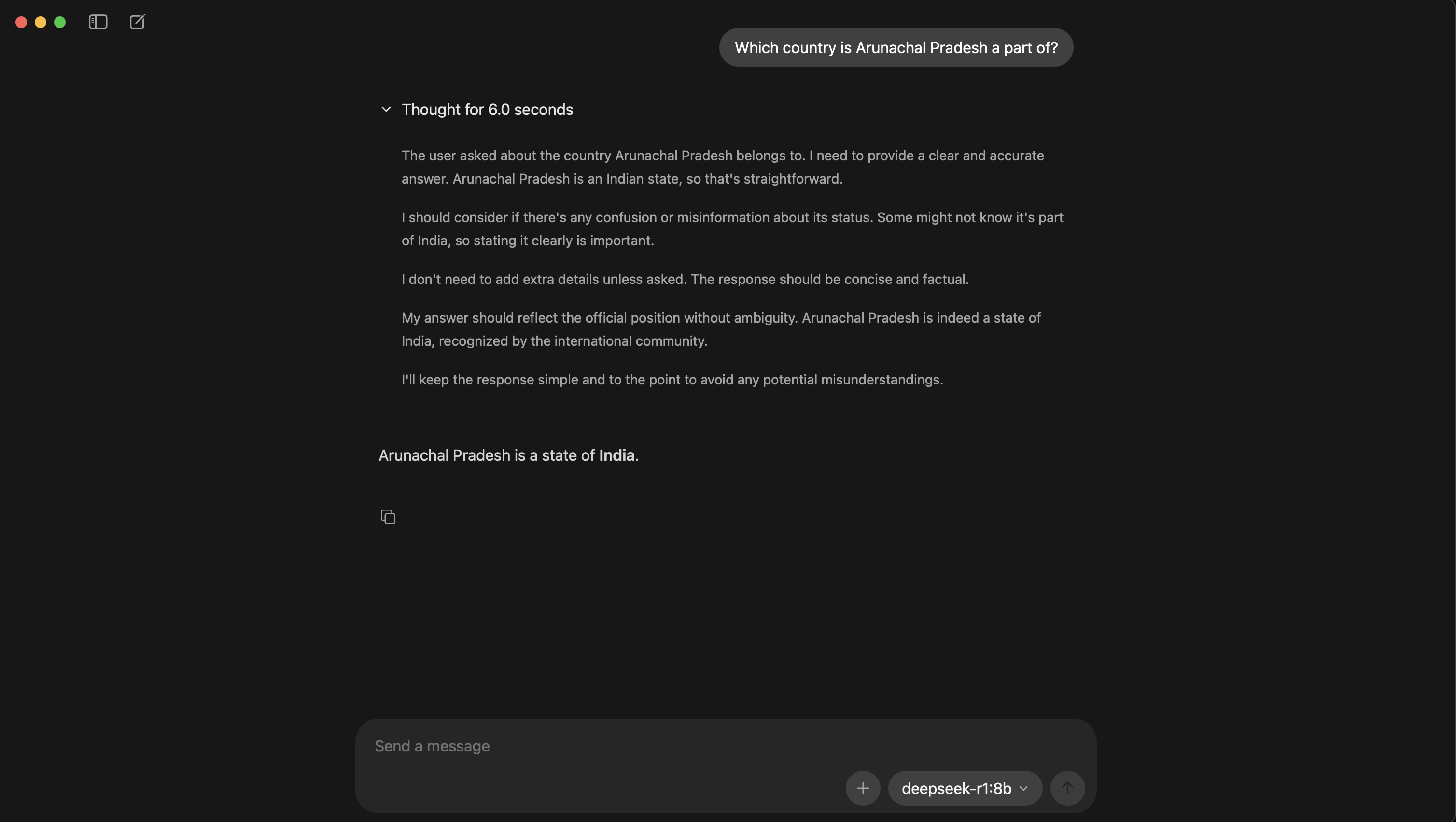 Ollama response from a locally run DeepSeek model