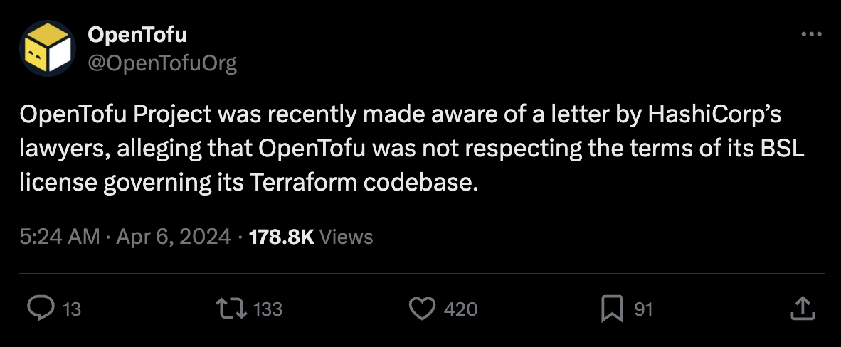 OpenTofu's Post on X (formerly Twitter) on Litigation by HashiCorp