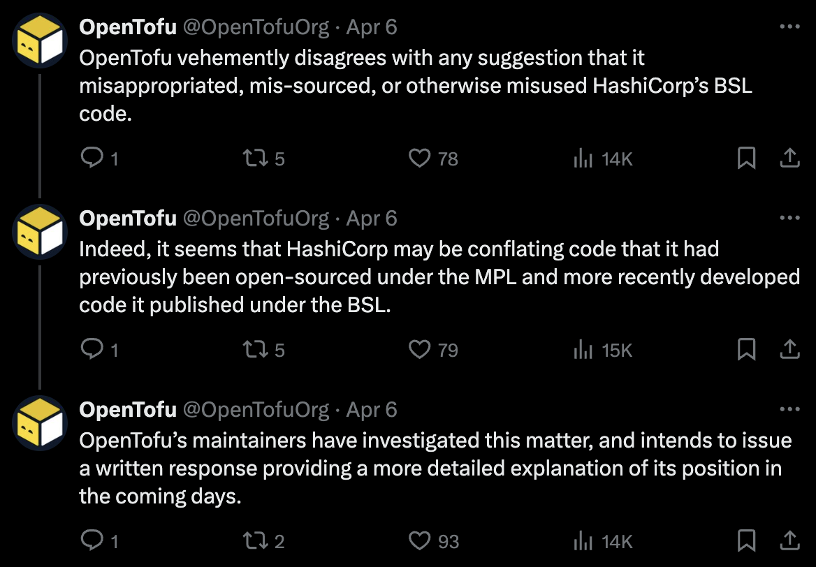 OpenTofu's Posts on X (formerly Twitter) in response to HashiCorp's Letter